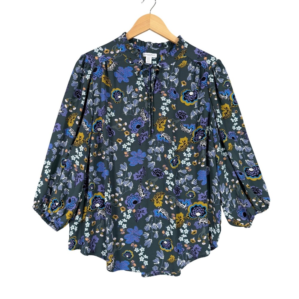 Carolina Belle Floral Blouse Womens 1X Green Purple Ruffle Neck‎ Balloon Sleeve